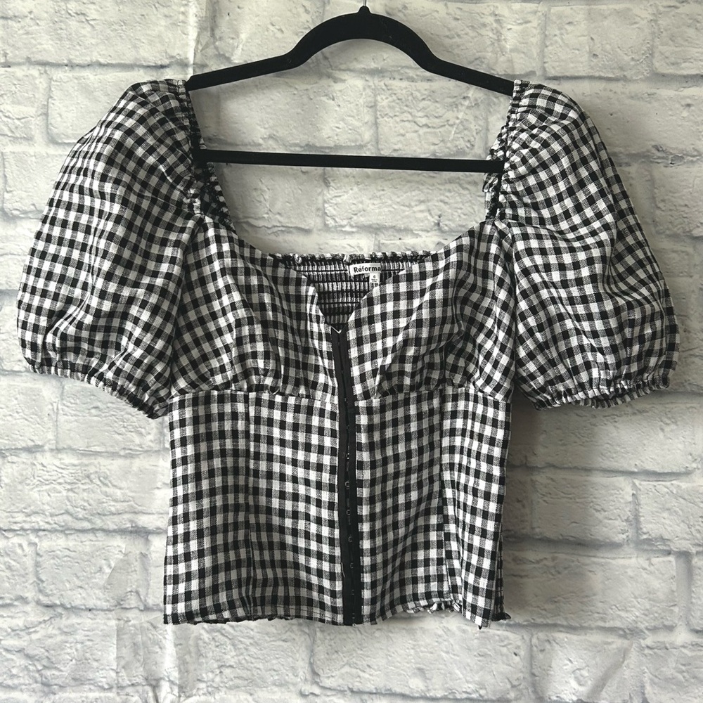 Reformation Monochrome Gingham Puff Sleeve Blouse - Picture 3 of 10